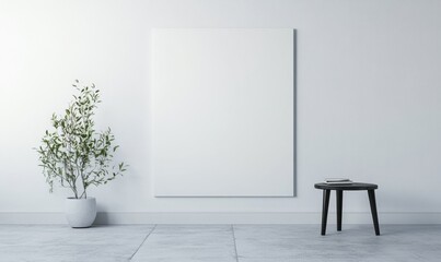 Modern minimalist interior, blank canvas, plant, small table, empty room