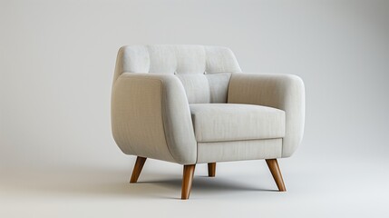 A cozy armchair with soft fabric upholstery and wooden legs, positioned neatly against a seamless white surface in crisp detail.