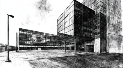 Modern city architecture sketch, plaza, urban landscape, design concept, architectural illustration