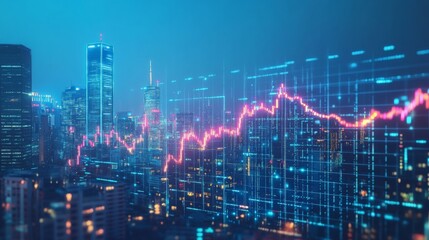 Fototapeta premium Financial market trends visualized over a vibrant city skyline at night