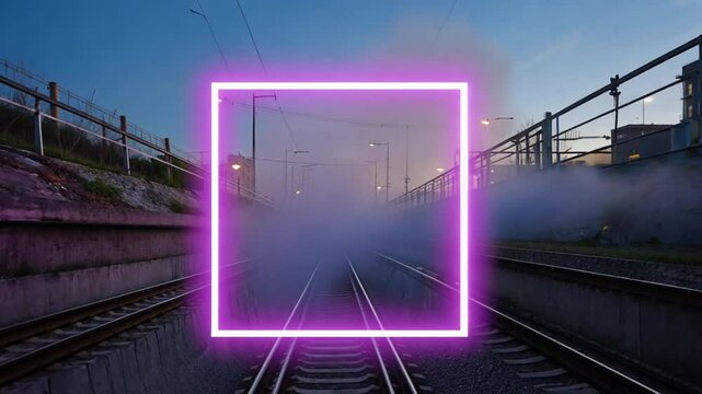 A glowing neon square hovers over railway tracks, illuminating the misty surroundings with an eerie light. Concept of futuristic technology and alternate dimensions.