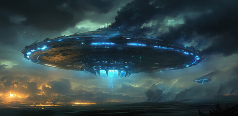 Obraz premium A large circular UFO with bright lights hovers above a moody landscape as twilight descends. Dark clouds swirl around the craft, enhancing a mysterious atmosphere