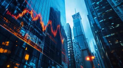 Urban skyline with stock market trends visualized on glass building reflects evening city lights