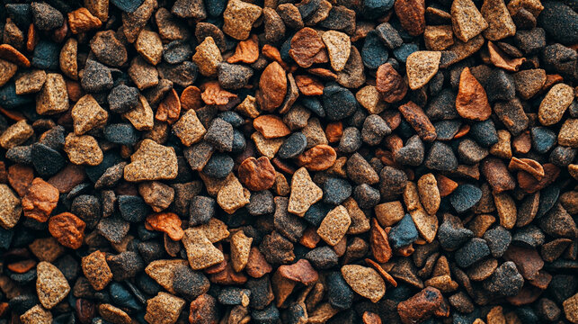 High angle view of assorted brown and black pet food kibble mix feed diet meal snack rocks pieces