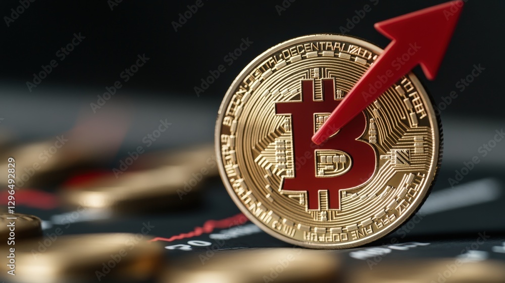 Aufkleber red arrow pointing upwards towards a bitcoin symbol with a blurred photo background