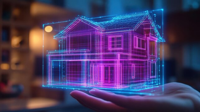 A real estate agent showing a futuristic apartment with glowing holographic smart home features and neon-lit virtual staging, Technology, 3D Render, Clean and modern