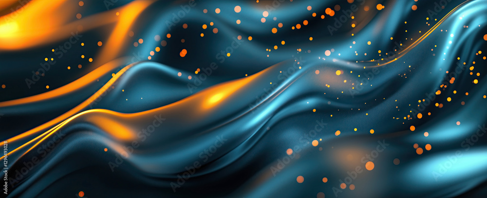 Poster dynamic abstract image featuring flowing blue and orange waves with glowing particles, representing 