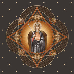 Archangel Uriel. Decorative vintage dome with 4 apostles and seraphim. Illustration in Byzantine style