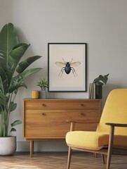 Classy minimalist living room interior with a framed insect poster on a wooden dresser, yellow armchair and monstera plant