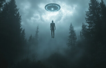 A man is suspended in mid-air as he is lifted by a mysterious flying object above a foggy forest. Thick trees surround the area, creating an eerie atmosphere