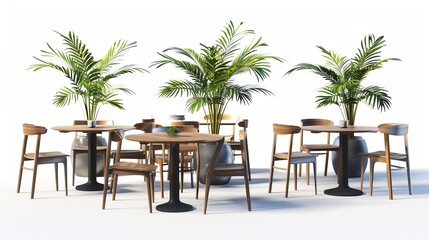 A cozy cafe-style dining setup with round tables and comfortable chairs, positioned neatly against a pure white surface in crisp detail.