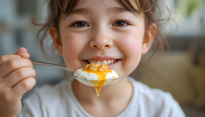 Naklejka premium A cute girl enjoying her creamy mac and cheese. 