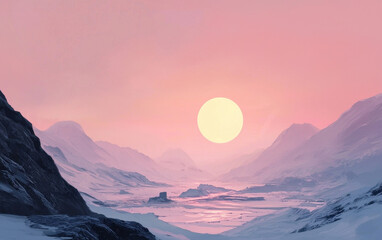 serene landscape featuring large sun setting over snowy valley, surrounded by mountains. soft pink and purple hues create tranquil atmosphere, evoking sense of peace and wonder
