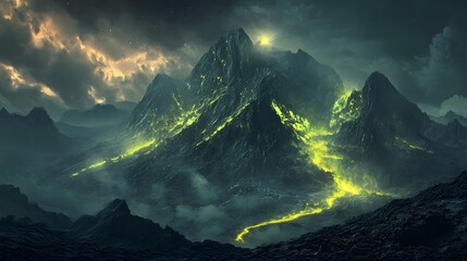 A mesmerizing mountain range with glowing green veins of energy flowing through the rocks 
