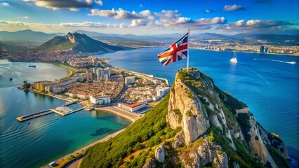 Gibraltar Aerial View: Flag, Map, Mediterranean Sea, Rock of Gibraltar, British Overseas Territory