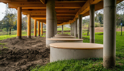 Naklejka premium Round concrete pillars elevate wooden platforms in a lush park. The setting features soft grass and clear skies, creating a serene atmosphere for relaxation and recreation