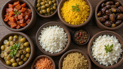 Variety of Middle Eastern dishes, including olives, rice, and dates, arranged in rustic bowls on a wooden table, showcasing vibrant flavors and textures.