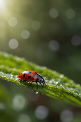 Obraz premium A macro shot of a ladybug, showcasing its vibrant red shell with black spots, perched delicately on a green leaf, highlighting nature's tiny wonders