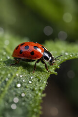 Obraz premium A macro shot of a ladybug, showcasing its vibrant red shell with black spots, perched delicately on a green leaf, highlighting nature's tiny wonders