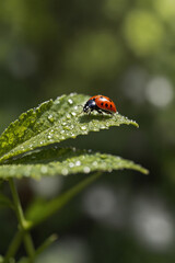 A macro shot of a ladybug, showcasing its vibrant red shell with black spots, perched delicately on a green leaf, highlighting nature's tiny wonders