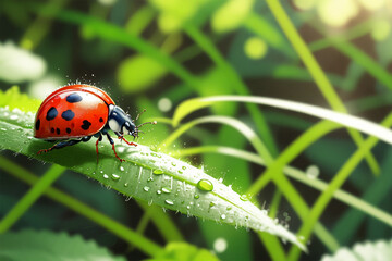 Obraz premium A macro shot of a ladybug, showcasing its vibrant red shell with black spots, perched delicately on a green leaf, highlighting nature's tiny wonders