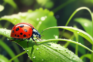 Obraz premium A macro shot of a ladybug, showcasing its vibrant red shell with black spots, perched delicately on a green leaf, highlighting nature's tiny wonders