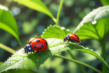 Fototapeta premium A macro shot of a ladybug, showcasing its vibrant red shell with black spots, perched delicately on a green leaf, highlighting nature's tiny wonders