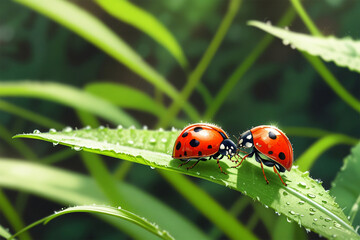 Obraz premium A macro shot of a ladybug, showcasing its vibrant red shell with black spots, perched delicately on a green leaf, highlighting nature's tiny wonders