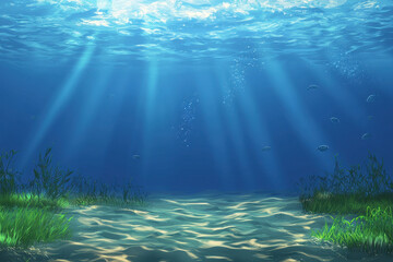 Obraz premium Underwater scene with gentle waves, sunlight rays, and aquatic plants creating serene atmosphere. tranquil blue water enhances peaceful underwater environment
