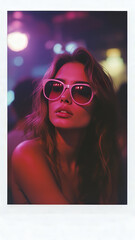 A trendy young woman wearing sunglasses is enjoying the vibrant nightlife in a nightclub illuminated by red lighting, creating a stylish and captivating atmosphere