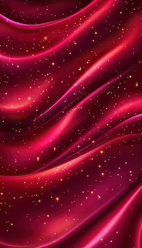 Luxurious red satin fabric featuring smooth waves and sparkling stars, ideal for backgrounds or textile designs.