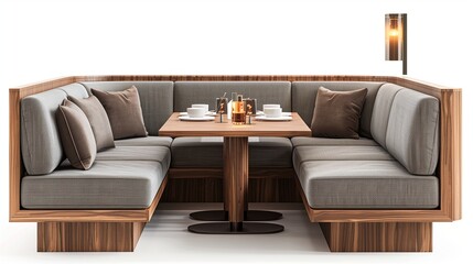 A cozy corner dining booth with soft lighting, wooden accents, and comfortable seating, isolated on a clean white background in crisp ultra-HD detail.