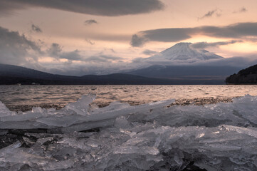 山中湖の寄せ氷と富士山のある夕暮れの景色