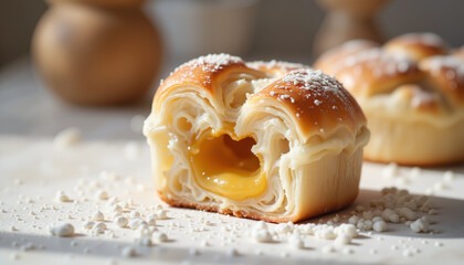 Delicious medialuna with gooey filling on kitchen counter, culinary delight