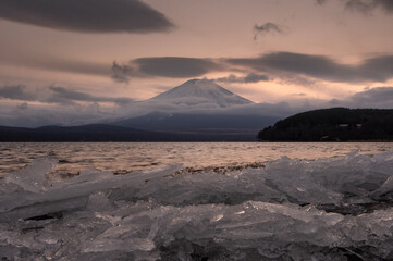 山中湖の寄せ氷と富士山のある夕暮れの景色