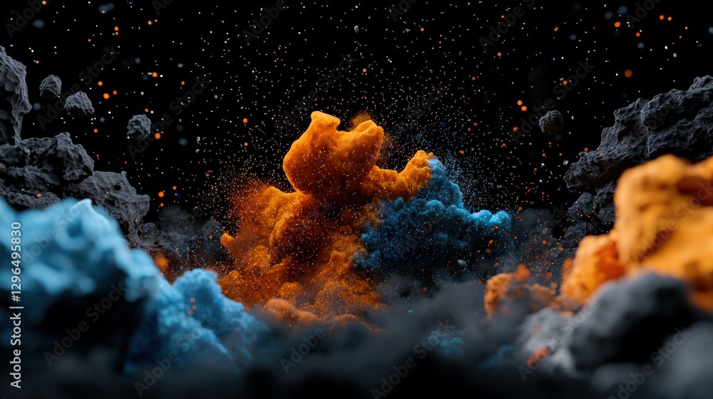 Poster a vibrant explosion of colored smoke and particles floating in space, creating an abstract and dynam