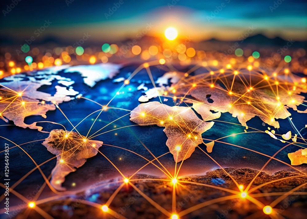 Poster global network communication: miniature world map with illuminated connections