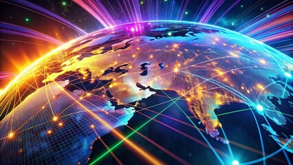Fototapeta premium Global Internet Traffic Hologram: 3D Data Visualization Display Showing Real-Time Worldwide Network Activity