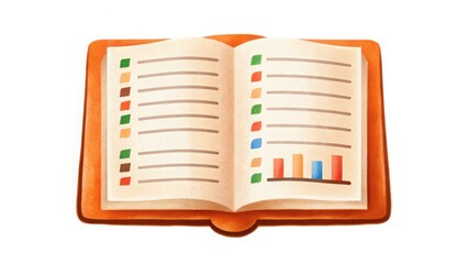 stock picks with sectors watercolor concept. Open book with lined pages and colorful charts, symbolizing education and data analysis.