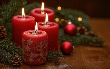 Festive Christmas table setting with red candles, pine branches, and ornaments creates warm holiday atmosphere. Perfect for celebrations and gatherings