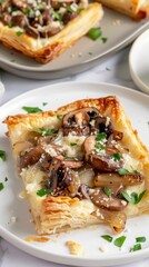 Savory open pie with mushrooms, caramelized onions, and parmesan served on a white plate
