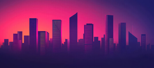 Futuristic city skyline at night with illuminated buildings and vibrant colors. scene captures blend of modern architecture against stunning gradient sky, evoking sense of wonder and innovation