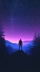 A person stands atop a hill gazing at the starry sky