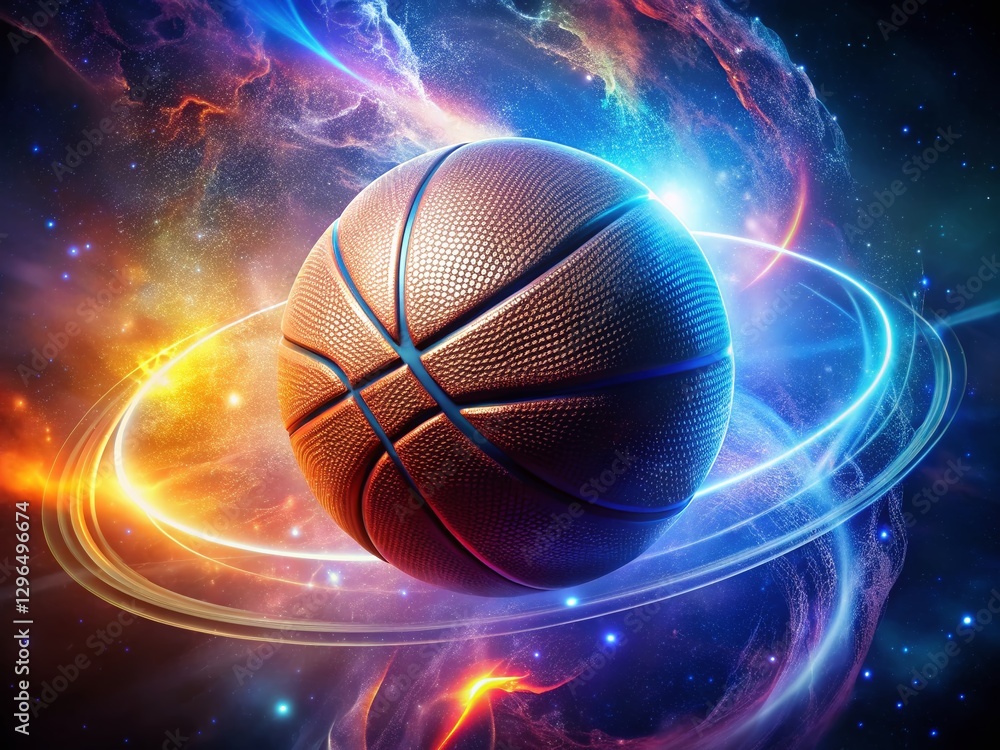 Poster glowing basketball lines orbiting a rotating globe in animated space