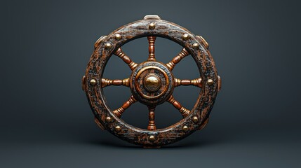 Obraz premium Ornate Wooden Ship Wheel on Dark Background