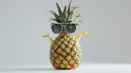 A dancing pineapple with tiny arms and legs, wearing oversized sunglasses, set against a flawless white background in ultra-realistic detail.