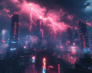 A stormy sky with glowing neon lightning and digital rain falling over a futuristic city, Cyberpunk, Digital Art, High contrast