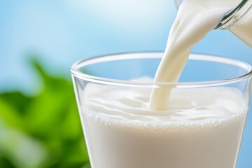A close-up of fresh milk being poured into a transparent glass with splashes