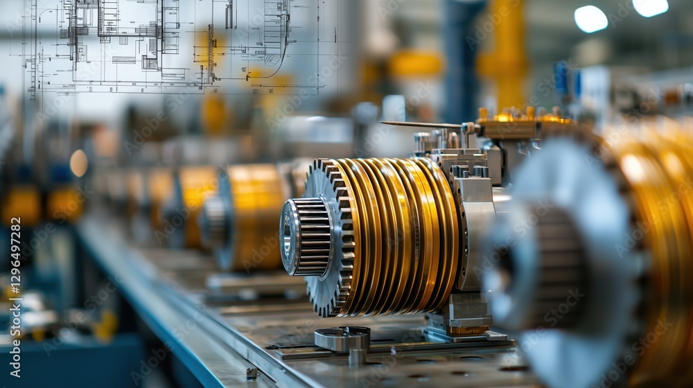 Poster detailed view of shipbuilding machinery with technical blueprint background in industrial workshop s