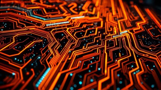 The intricate circuitry design showcases luminous orange paths and blue lights, symbolizing advanced technology. Small lights shimmer and flick on motherboard.